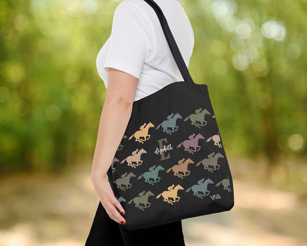 Custom Initial Name Horse Racing Tote Bag – Personalized Equestrian Gift – Retro Racing Lover Sports Bag