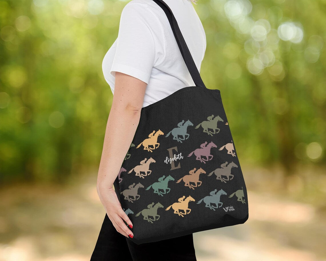 Custom Initial Name Horse Racing Tote Bag – Personalized Equestrian Gift – Retro Racing Lover Sports Bag