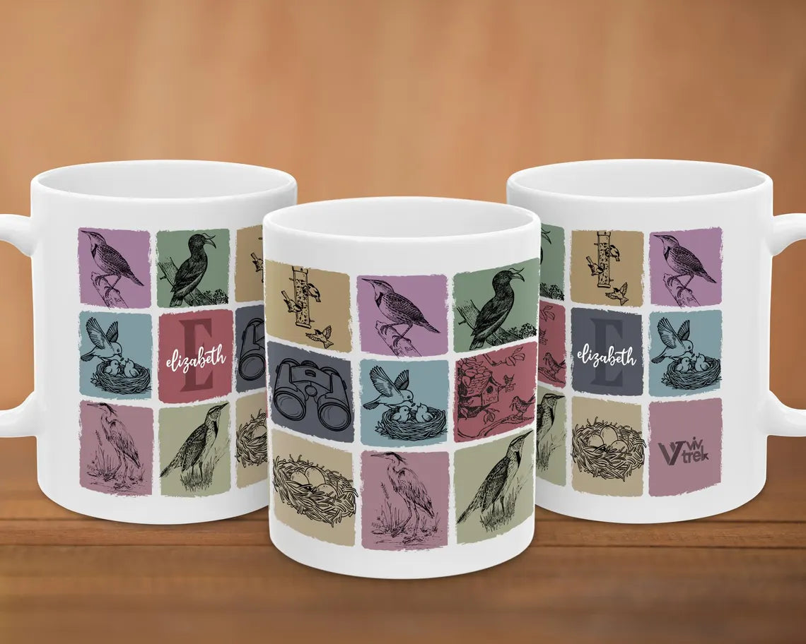 Birdwatcher Custom Initial Name Mug: Personalized Coffee Cup Gift for Bird Lover, Nature Enthusiast, Wildlife Gift for Him or Her