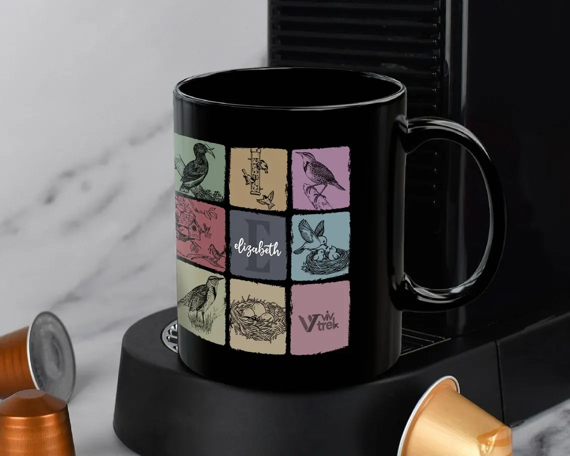Birdwatcher Custom Initial Name Mug: Personalized Coffee Cup Gift for Bird Lover, Nature Enthusiast, Wildlife Gift for Him or Her