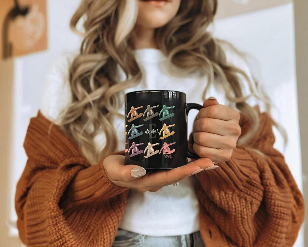 Snowboarding Initial Custom Name Mug - Personalized Coffee Cup Gift for Snowboarder - Extreme Sports Enthusiast Winter Adventure