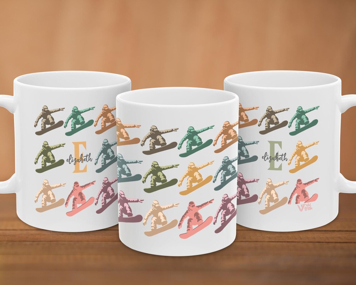 Snowboarding Initial Custom Name Mug - Personalized Coffee Cup Gift for Snowboarder - Extreme Sports Enthusiast Winter Adventure