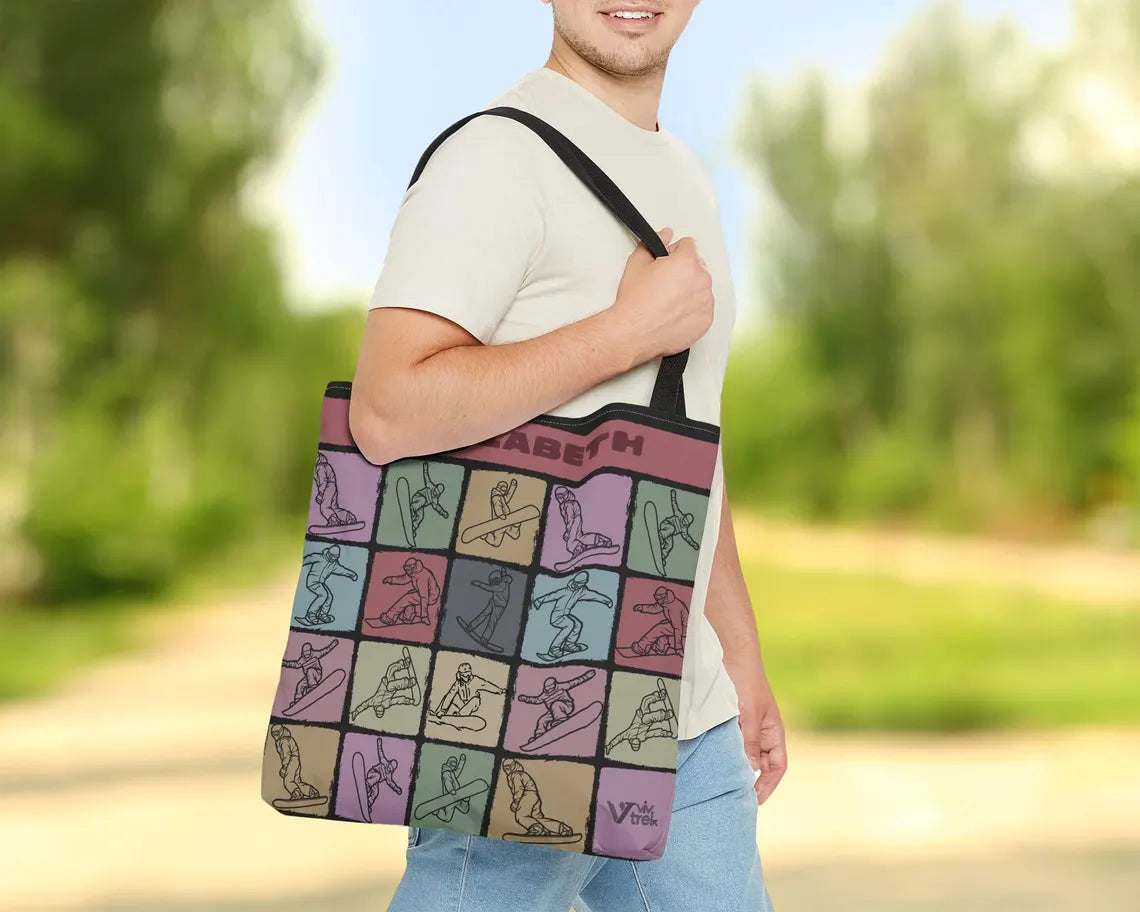 Custom Name Snowboarding Tote Bag - Personalized Winter Sports Gift - Retro Snowboard Lover Cozy Ski Lodge Travel Graphic