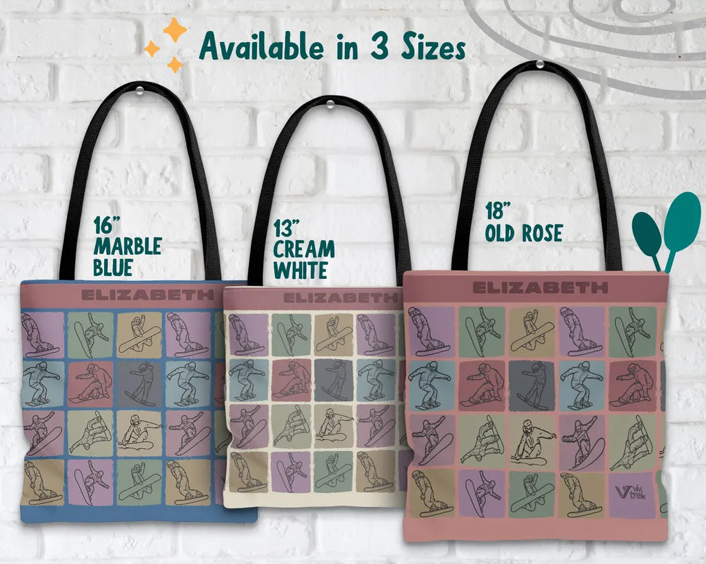 Custom Name Snowboarding Tote Bag - Personalized Winter Sports Gift - Retro Snowboard Lover Cozy Ski Lodge Travel Graphic
