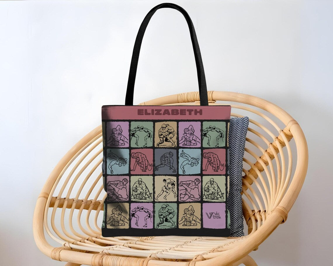 Custom Name Wrestling Tote Bag - Vintage Personalized Wrestler Gift - Retro Sports Lover Unique Wrestling Fan Gym Tote