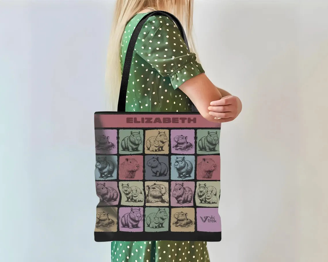Custom Name Capybara Tote Bag – Vintage Personalized Animal Lover Gift – Retro Cute Rodent Shoulder Bag