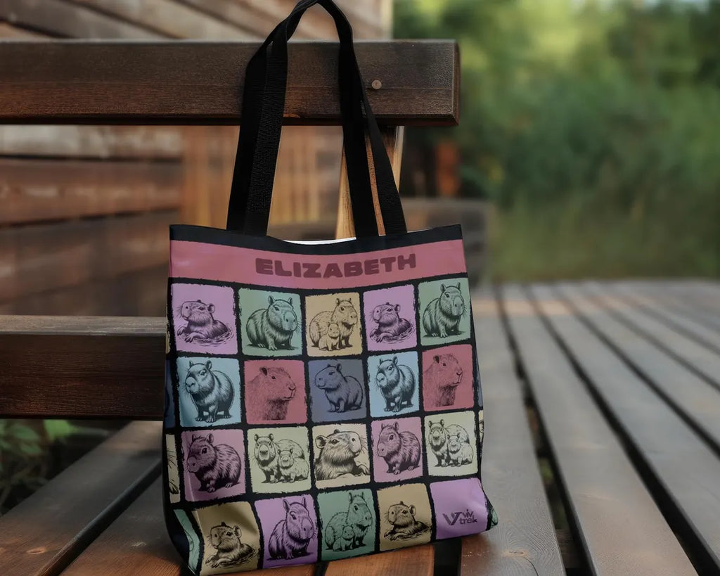 Custom Name Capybara Tote Bag – Vintage Personalized Animal Lover Gift – Retro Cute Rodent Shoulder Bag