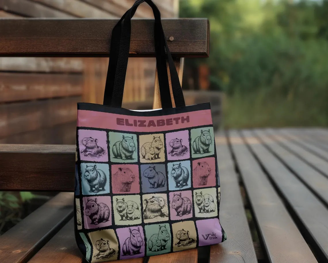 Custom Name Capybara Tote Bag – Vintage Personalized Animal Lover Gift – Retro Cute Rodent Shoulder Bag