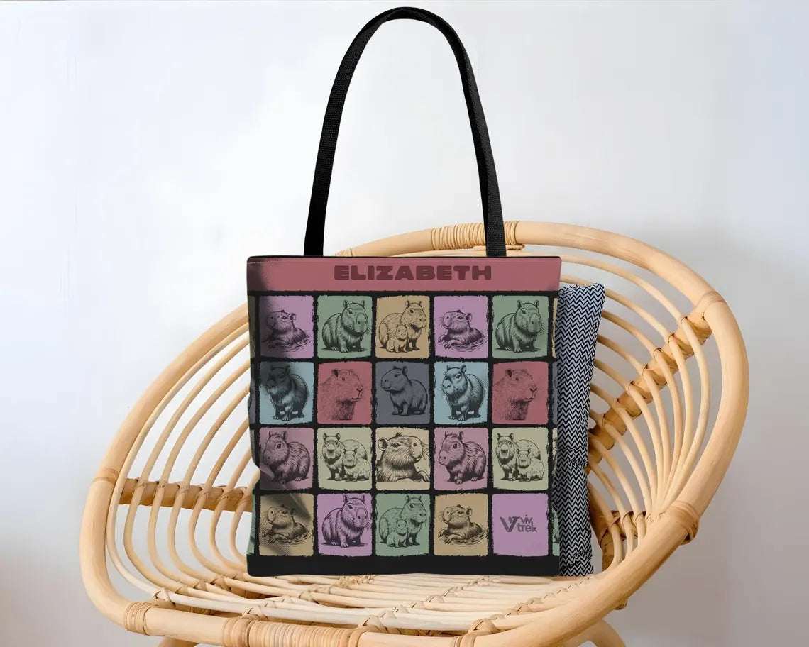 Custom Name Capybara Tote Bag – Vintage Personalized Animal Lover Gift – Retro Cute Rodent Shoulder Bag