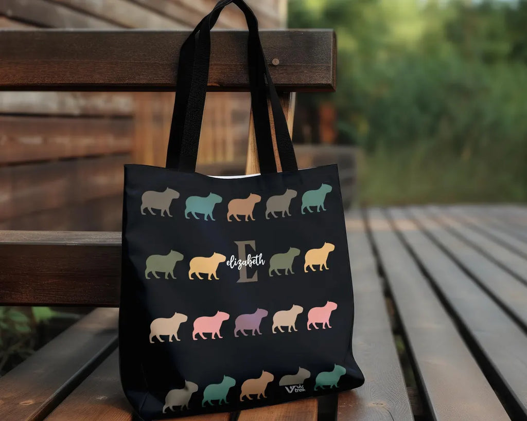 Custom Initial Name Capybara Tote Bag – Vintage Personalized Lover Gift – Retro Cute Rodent Shoulder Bag