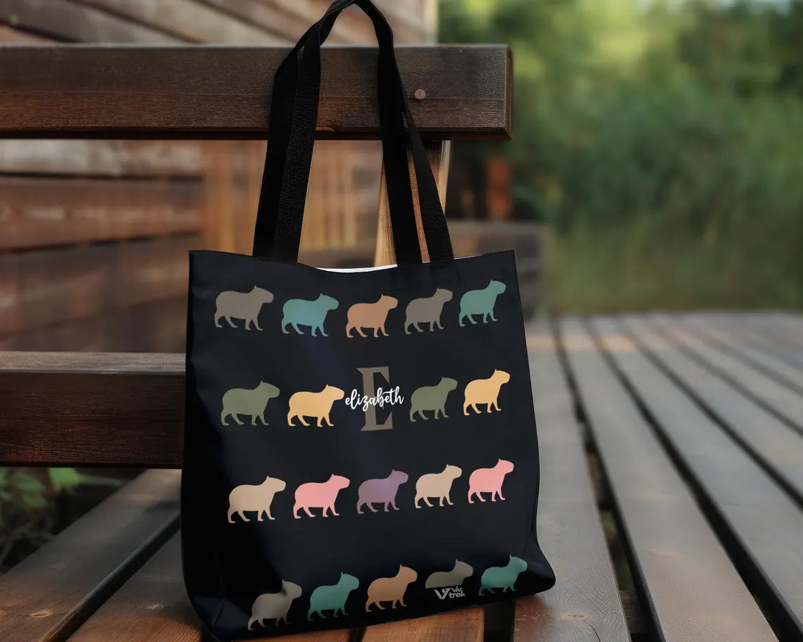 Custom Initial Name Capybara Tote Bag – Vintage Personalized Lover Gift – Retro Cute Rodent Shoulder Bag