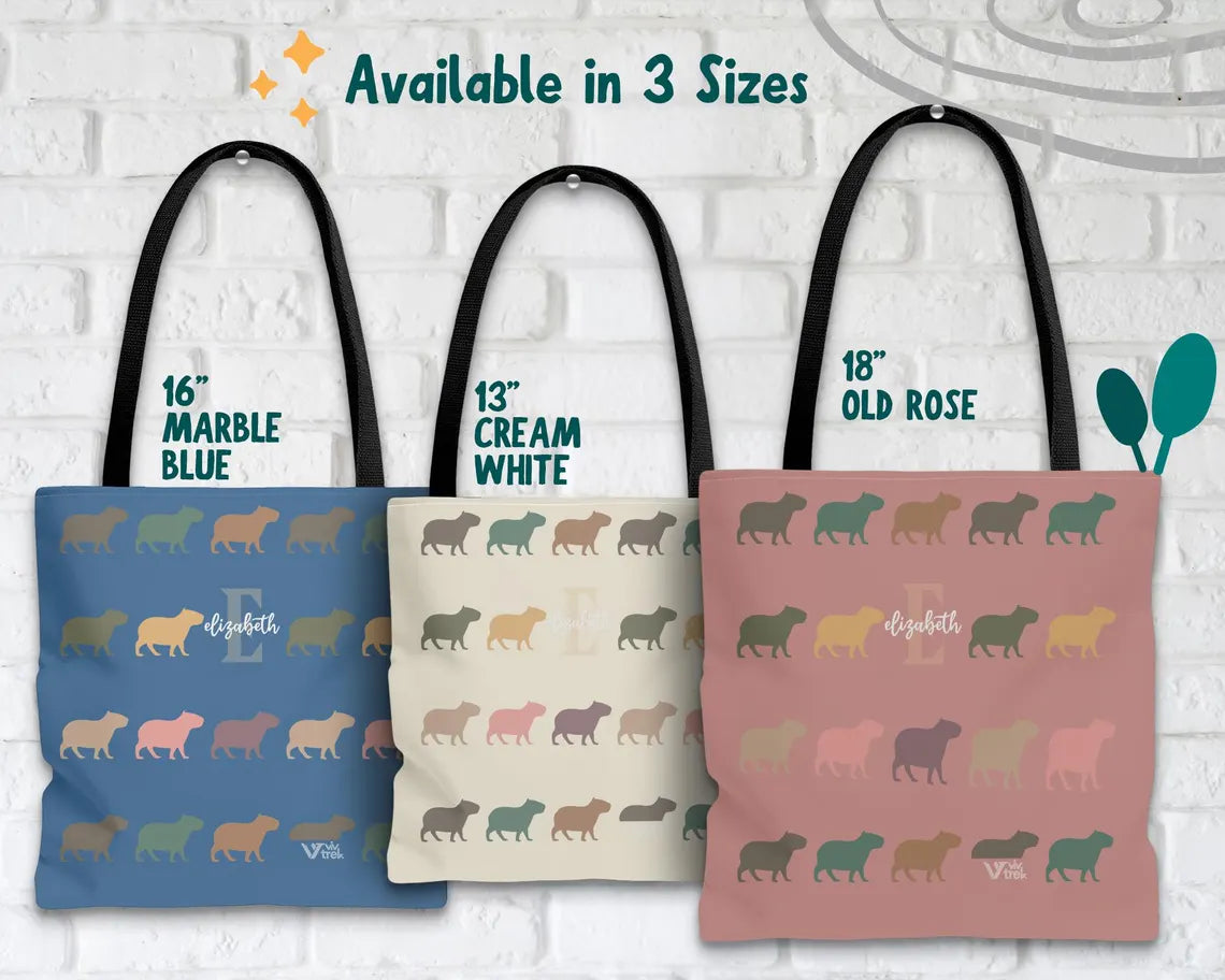 Custom Initial Name Capybara Tote Bag – Vintage Personalized Lover Gift – Retro Cute Rodent Shoulder Bag
