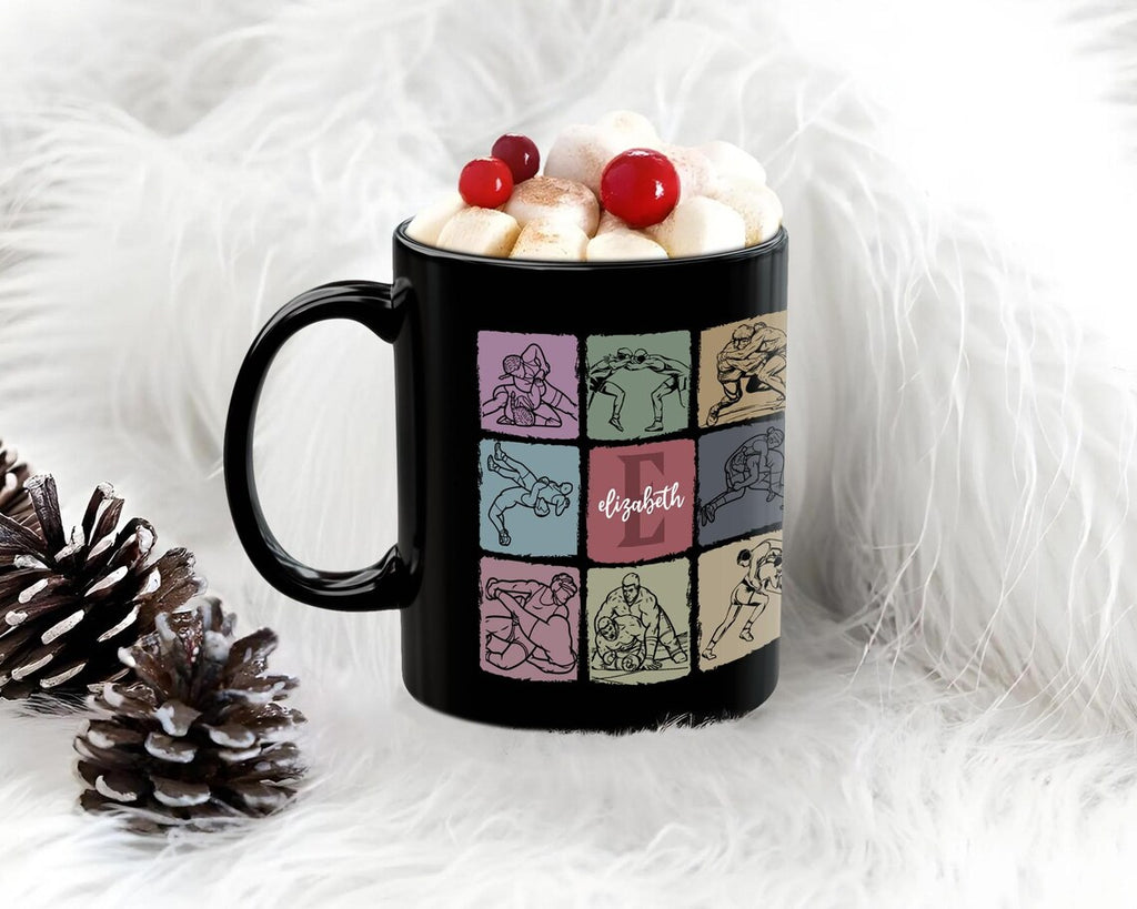 Personalized Name Initial Wrestling Mug - Custom Wrestler Gift Cup - Vintage Sports Lover Retro Athlete Coffee Mug