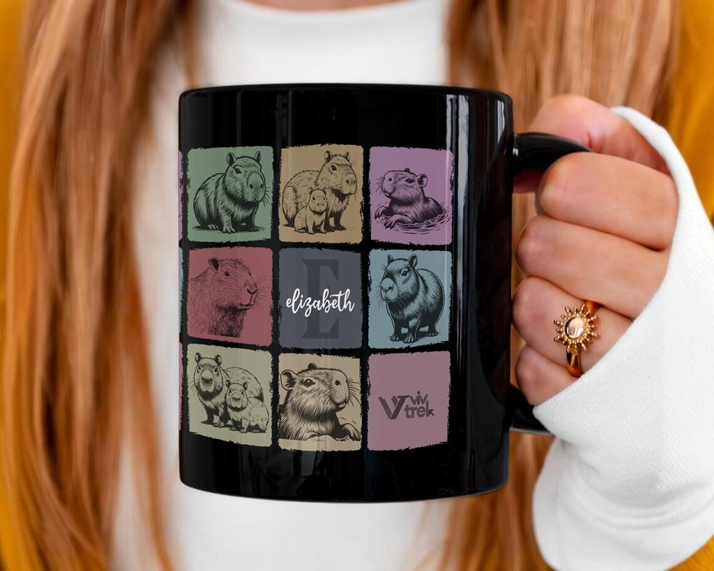 Custom Initial Name Capybara Mug – Personalized Vintage Rodent Gift – Retro Pet Owner Coffee Cup