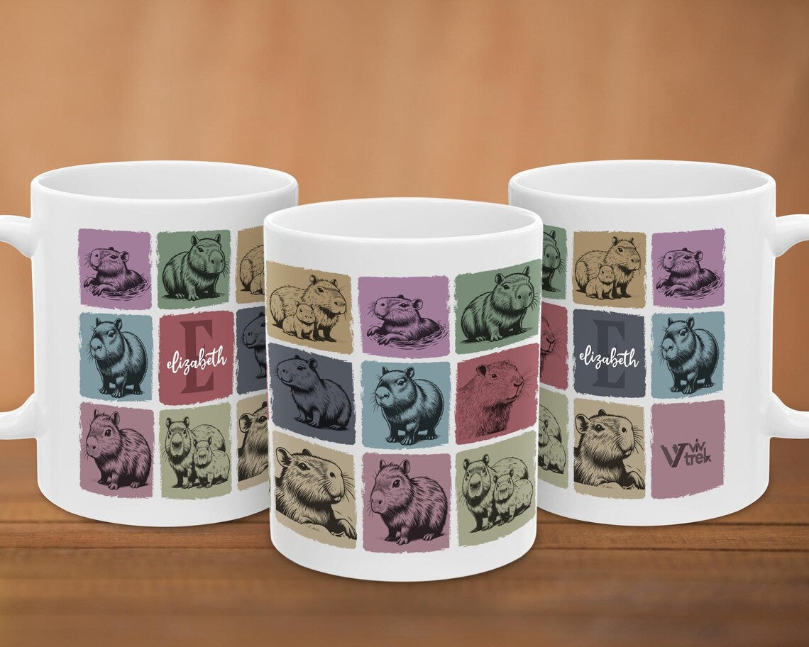 Custom Initial Name Capybara Mug – Personalized Vintage Rodent Gift – Retro Pet Owner Coffee Cup