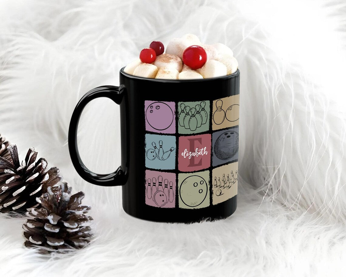 Custom Initial Name Vintage Bowling Coffee Mug Gift | Personalized Pin Design | Cozy Retro Cup | Unique Sport Present