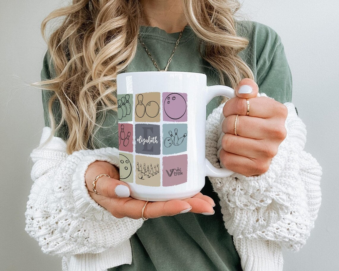 Custom Initial Name Vintage Bowling Coffee Mug Gift | Personalized Pin Design | Cozy Retro Cup | Unique Sport Present