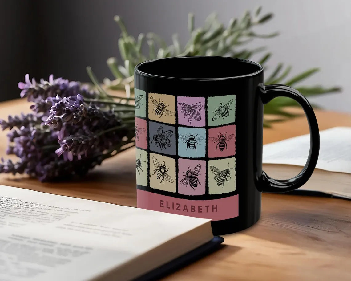 Personalized Custom Name Bee Mug | Vintage Honeybee Coffee Cup | Retro Animal Lover Present | Cozy Queen Bee Drinkware Decor