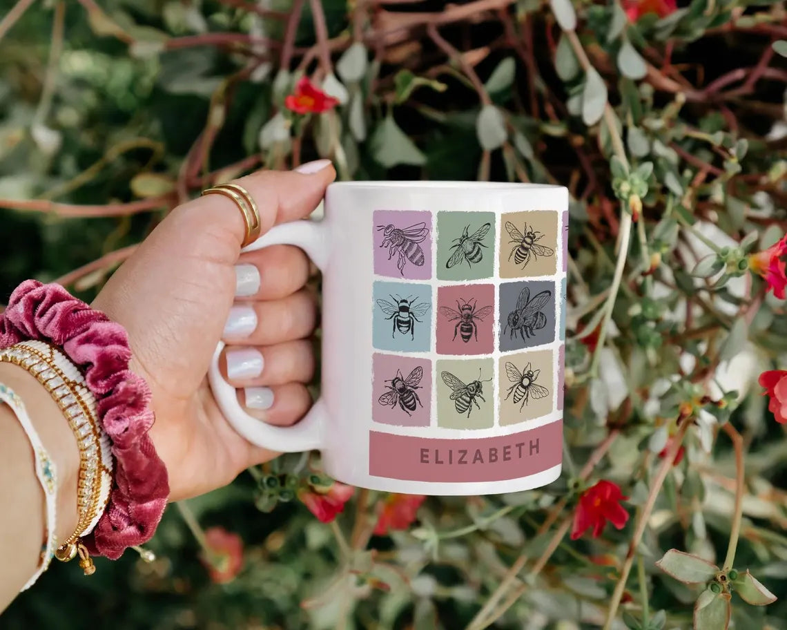 Personalized Custom Name Bee Mug | Vintage Honeybee Coffee Cup | Retro Animal Lover Present | Cozy Queen Bee Drinkware Decor
