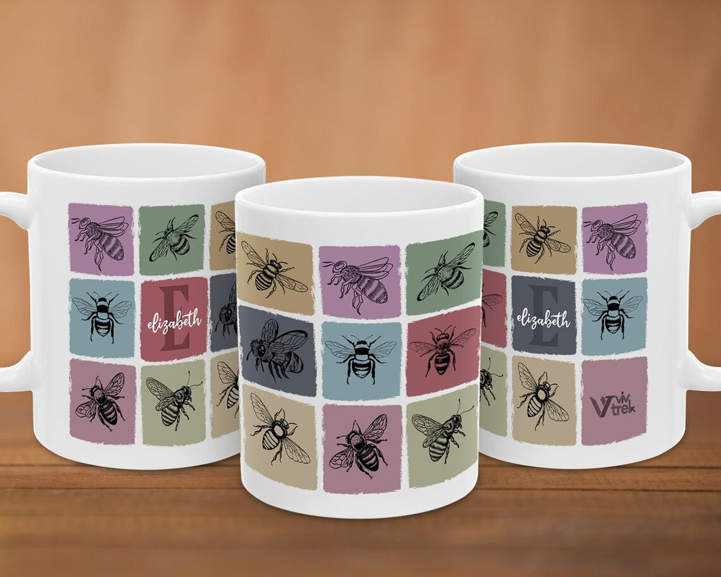Custom Initial Name Mug | Personalized Queen Bee Gift | Vintage Honeybee Cup | Cozy Animal Lover Present | Unique Bee Keeper Drinkware