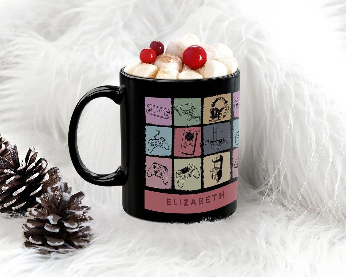 Personalized Video Gaming Mug | Custom Name Gamer Coffee Cup | Vintage Retro Console Gift Idea | Unique Custom Present for Video Game Lovers
