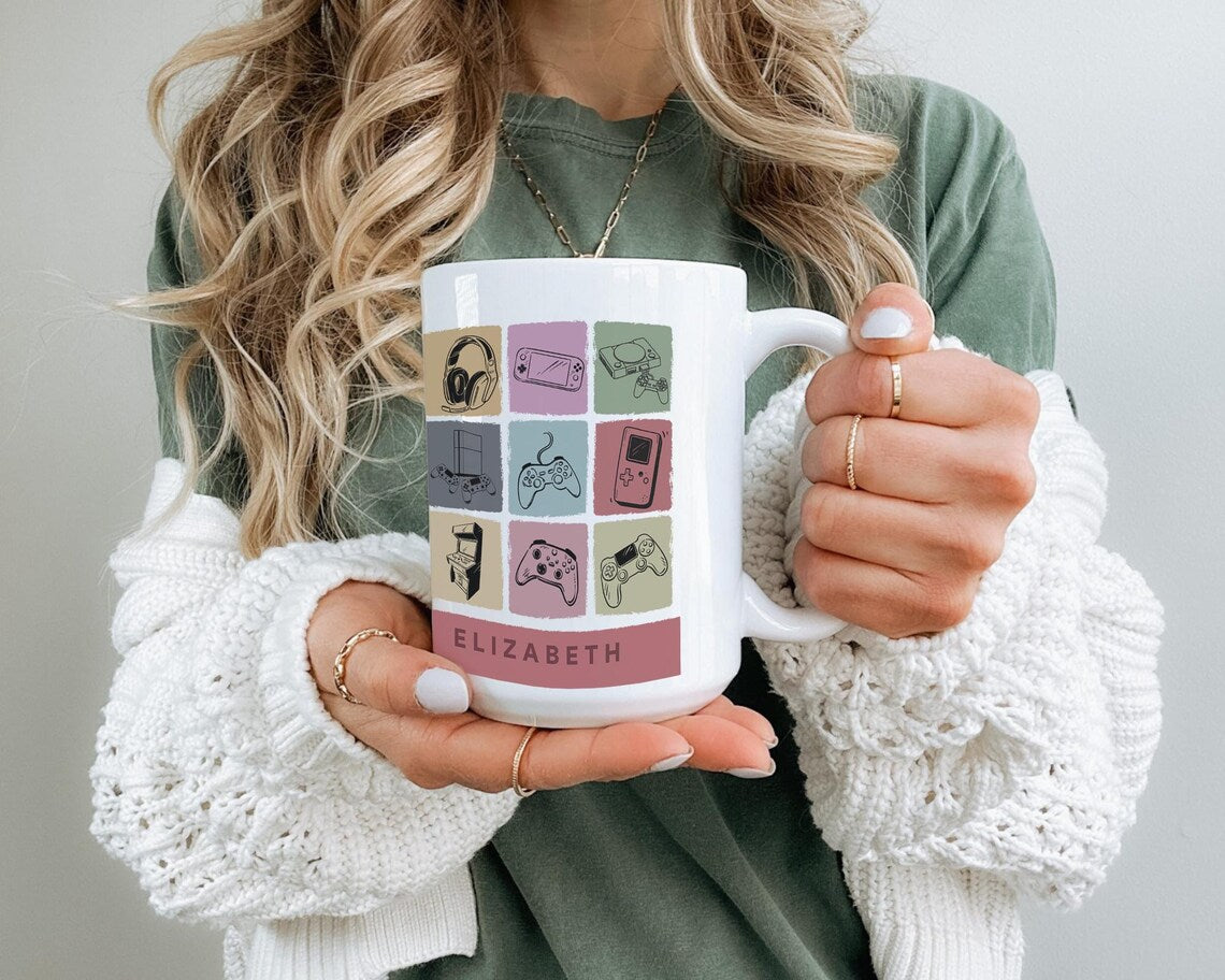 Personalized Video Gaming Mug | Custom Name Gamer Coffee Cup | Vintage Retro Console Gift Idea | Unique Custom Present for Video Game Lovers