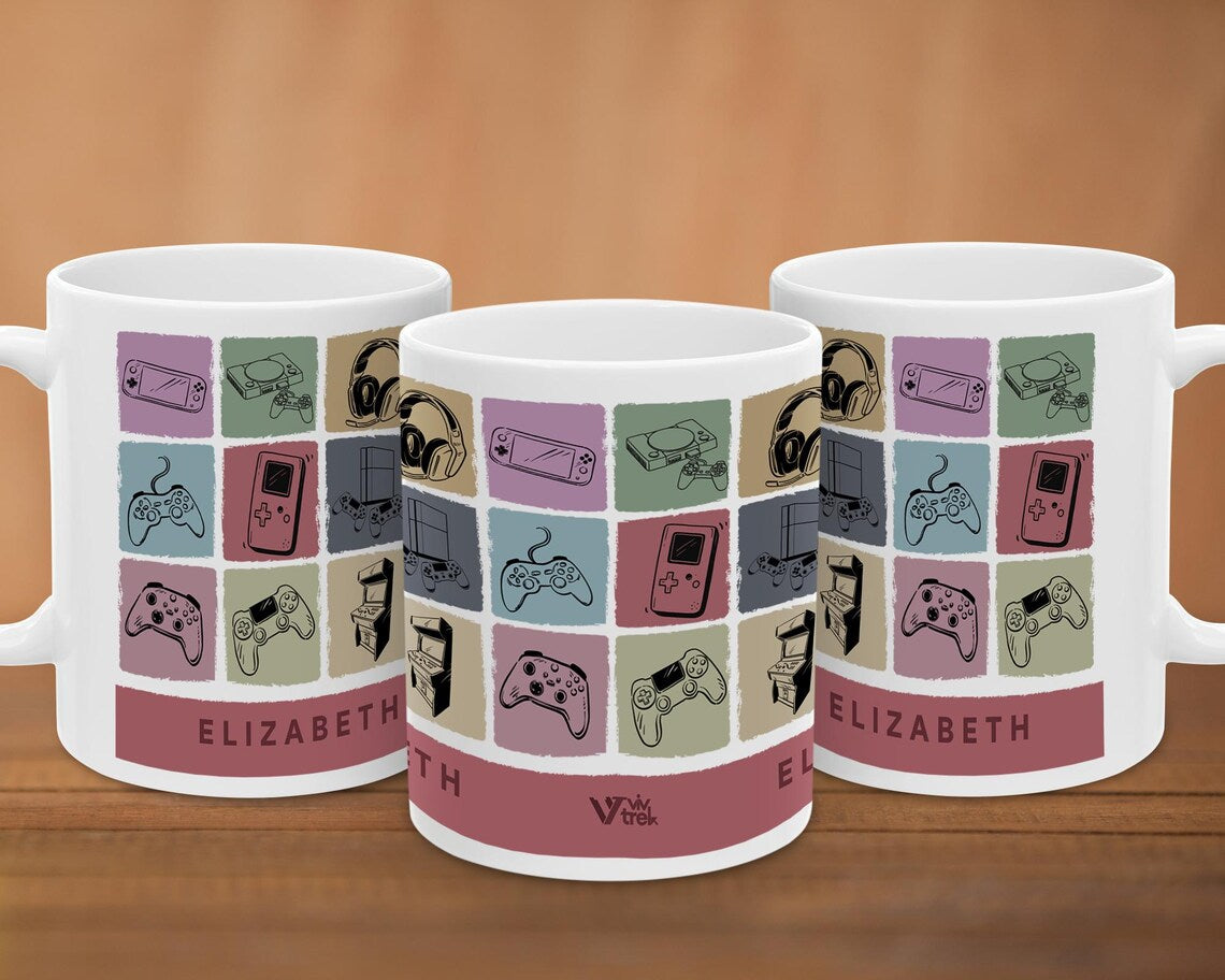 Personalized Video Gaming Mug | Custom Name Gamer Coffee Cup | Vintage Retro Console Gift Idea | Unique Custom Present for Video Game Lovers