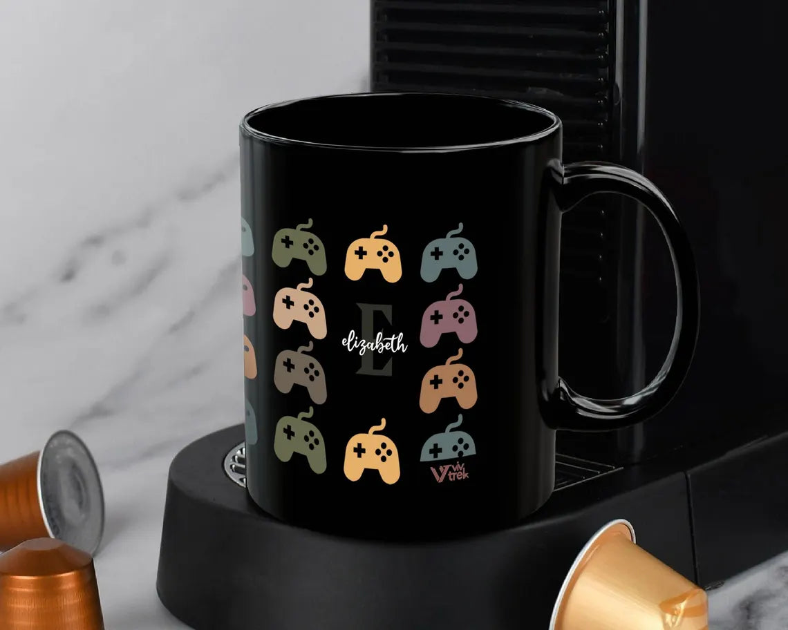 Custom Initial Name Mug | Personalized Retro Video Gaming Coffee Cup | Arcade Gamer Gift | Fun Classic Game Lovers Player Present