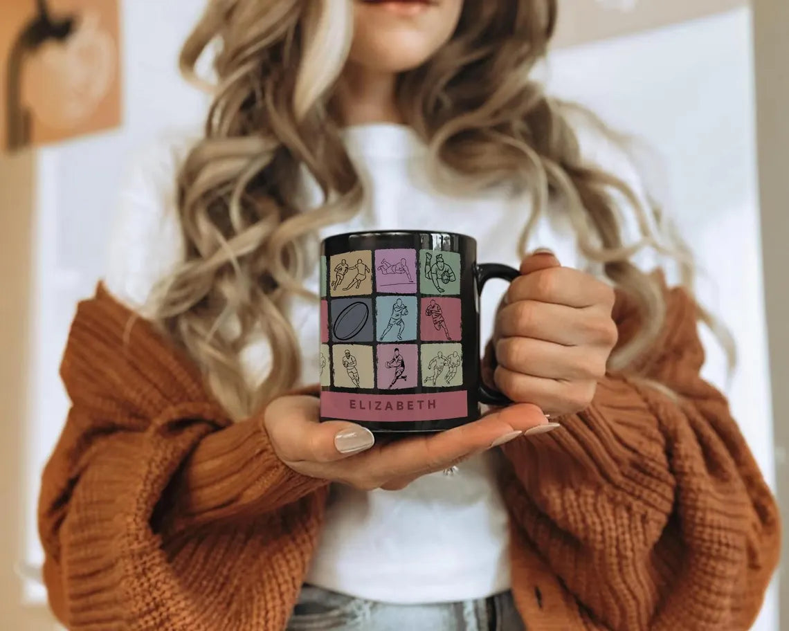 Custom Name Rugby Mug - Vintage Personalized Rugby Lover Cup - Retro Sports Fan Drinkware Unique Rugby Player Gift