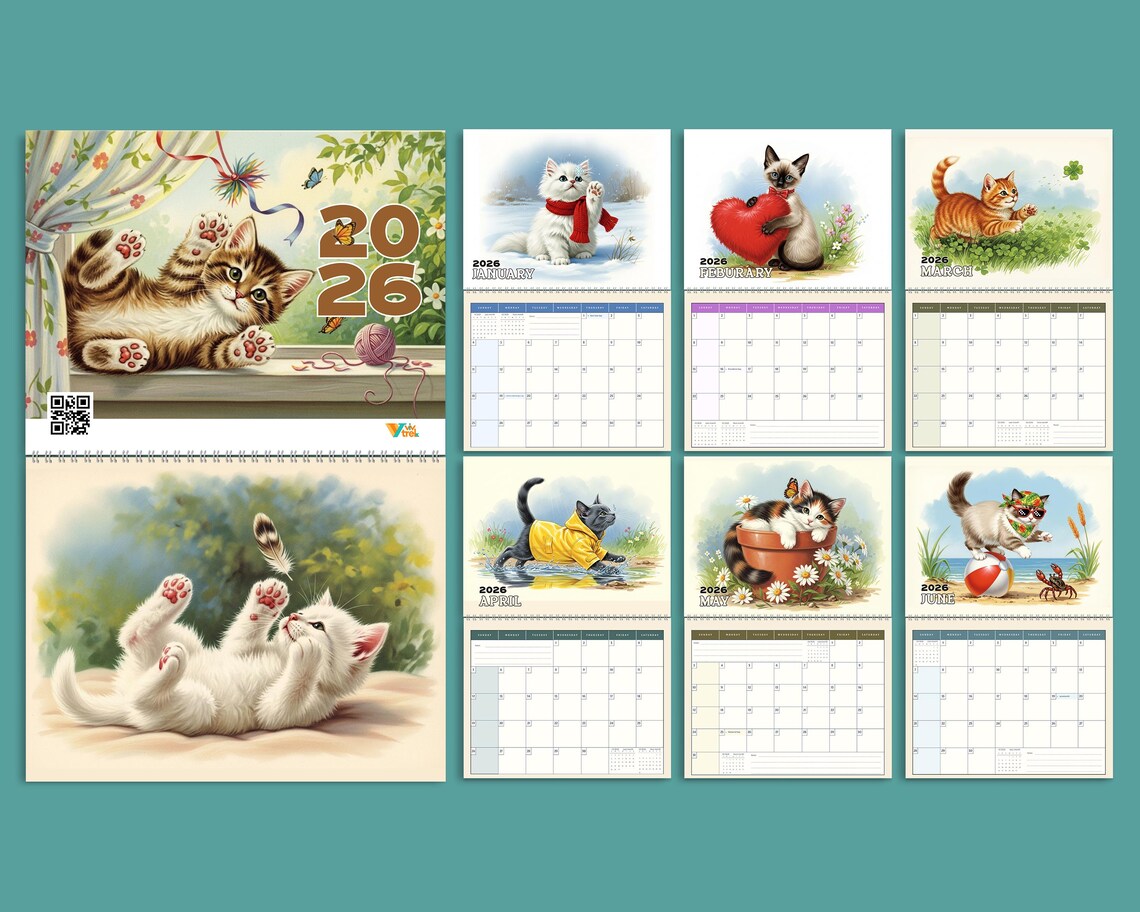 Cute Kitten 2026 Wall Calendar | Vintage Cat Planner Adorable Cat Mom Gift