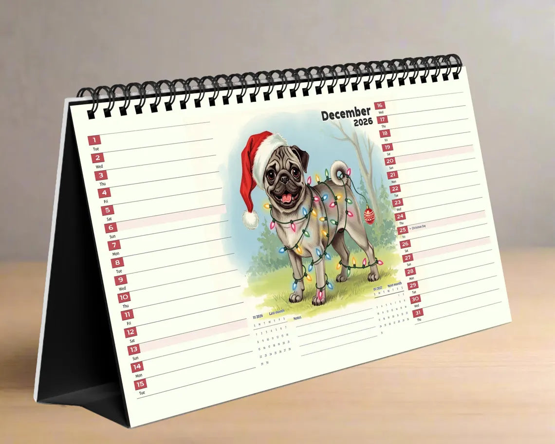 Cute Pug Dog 2026 Desk Calendar, Funny Office Gift, Adorable Dog Lover Planner