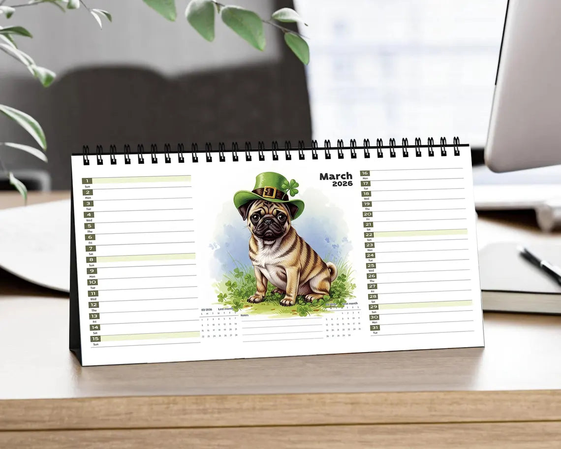 Cute Pug Dog 2026 Desk Calendar, Funny Office Gift, Adorable Dog Lover Planner