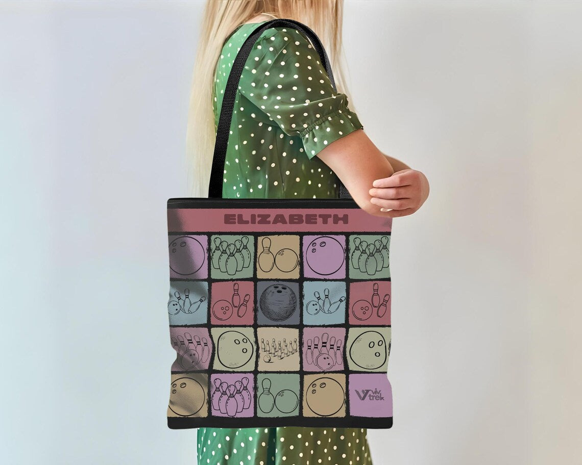Custom Name Bowling Tote Bag | Personalized Retro Lover Gift | Vintage Game Night Canvas Shopper | Unique Sports Bag