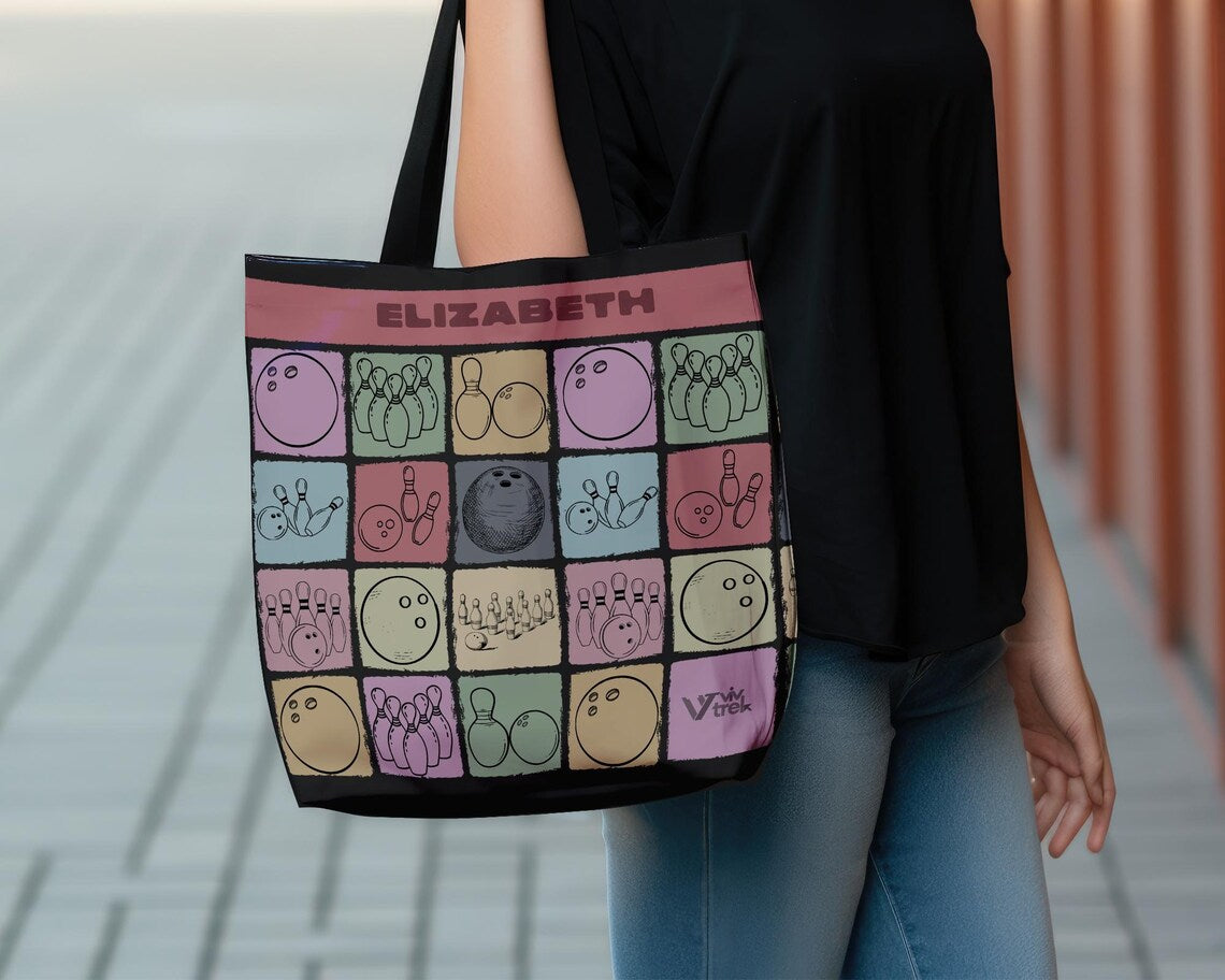 Custom Name Bowling Tote Bag | Personalized Retro Lover Gift | Vintage Game Night Canvas Shopper | Unique Sports Bag