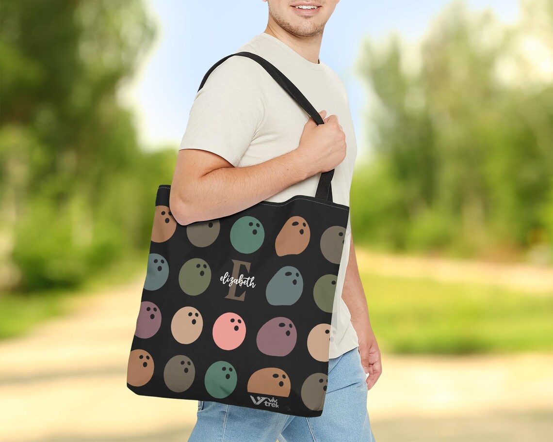 Personalized Bowling Initial Tote Bag | Custom Name Retro Lover Gift | Vintage Game Bag | Unique Sports Shopper Bag