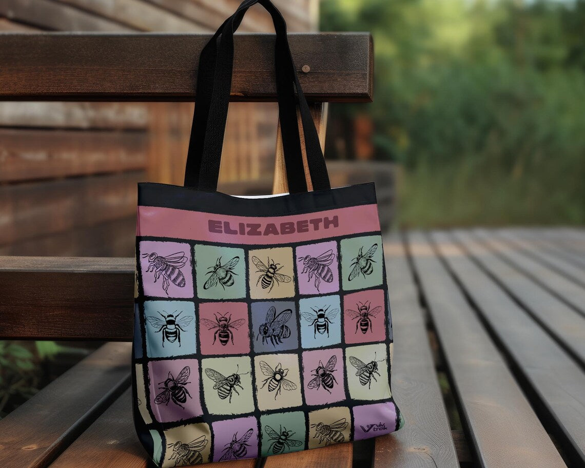Custom Name Bee Tote Bag | Personalized Honey Lover Gift | Retro Nature Shopper | Vintage Bee Graphic Bag Unique Eco Friendly Present