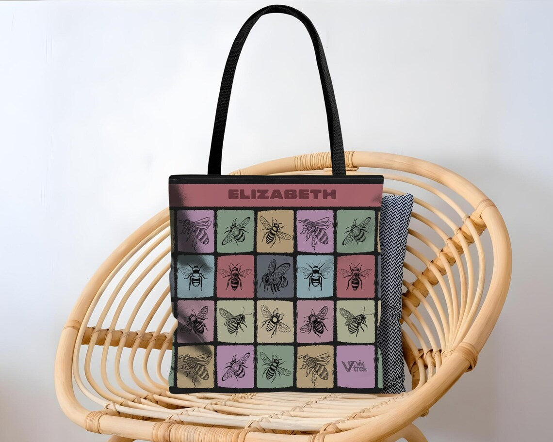 Custom Name Bee Tote Bag | Personalized Honey Lover Gift | Retro Nature Shopper | Vintage Bee Graphic Bag Unique Eco Friendly Present