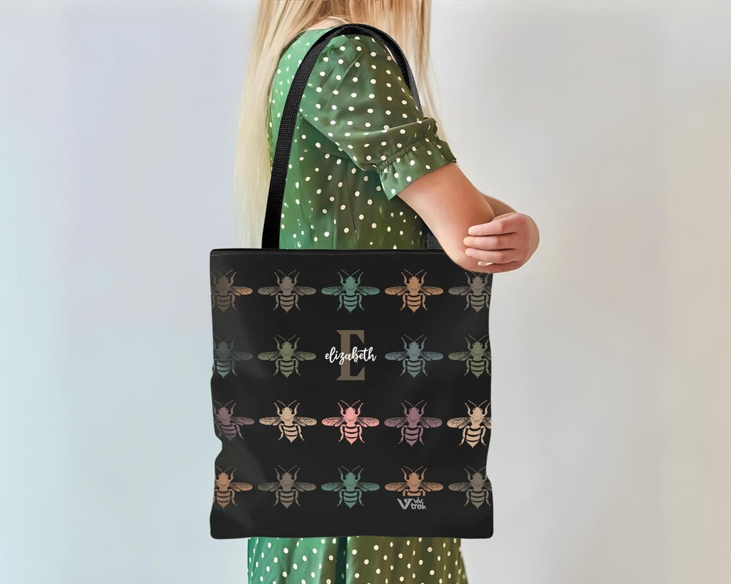 Personalized Bee Initial Tote Bag | Custom Name Honey Lover Gift | Retro Nature Canvas Bag | Vintage Bee Graphic Shopper Eco Friendly