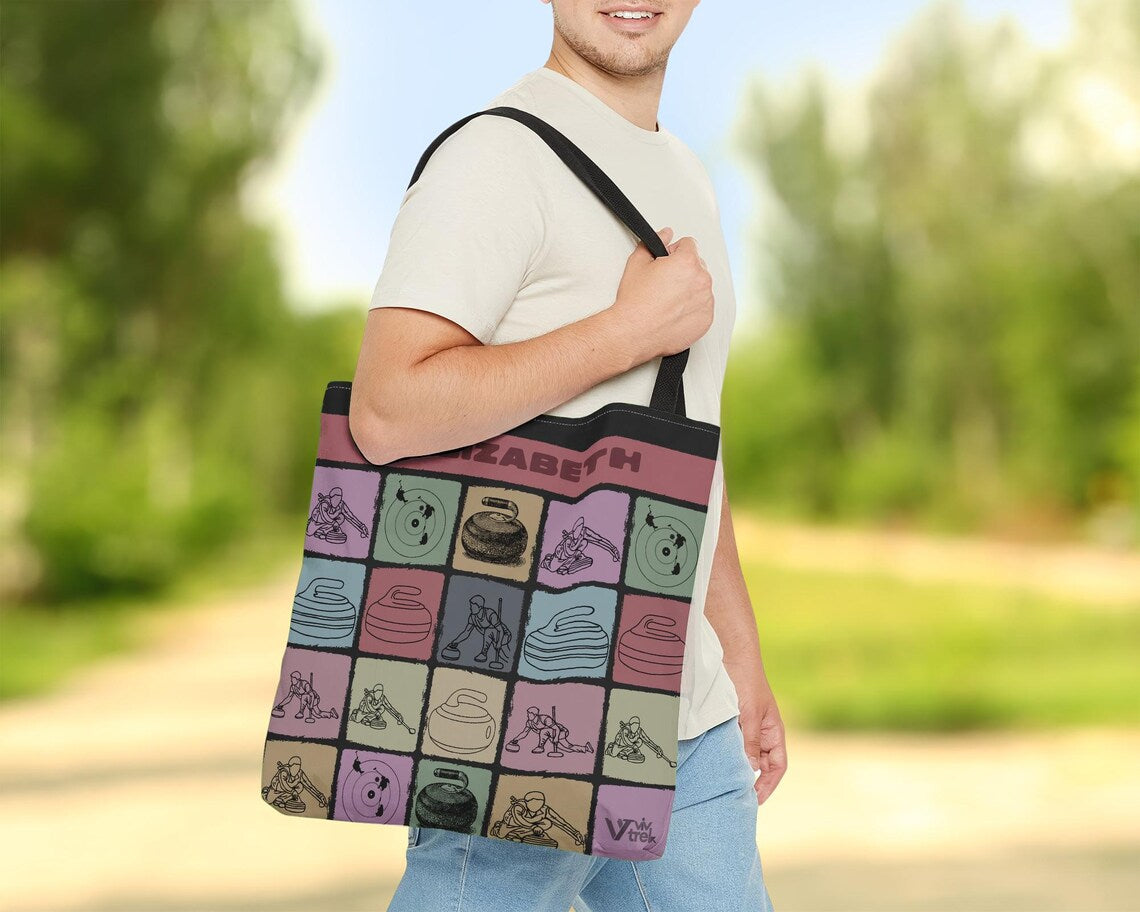 Custom Name Curling Tote Bag – Personalized Retro Sports Gift Under $25, Vintage Curling Stone Tote for Winter Athletes 🥌