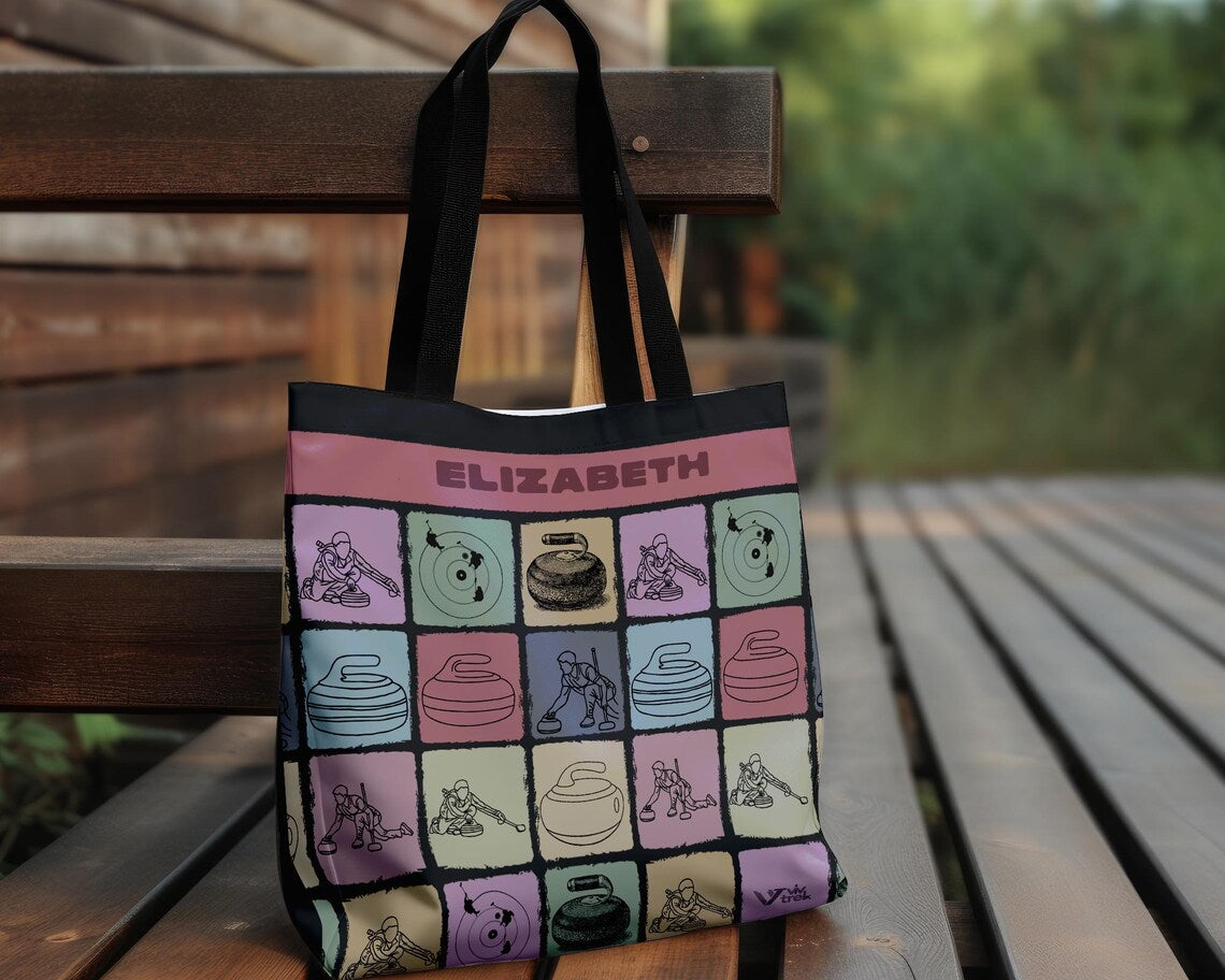 Custom Name Curling Tote Bag – Personalized Retro Sports Gift Under $25, Vintage Curling Stone Tote for Winter Athletes 🥌