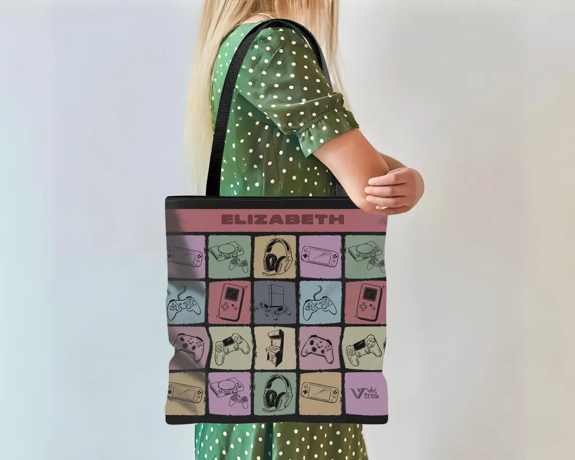 Custom Name Video Gaming Tote Bag | Personalized Gamer Gift | Retro Game Lover Shopper | Vintage Player Carry Bag Unique Present