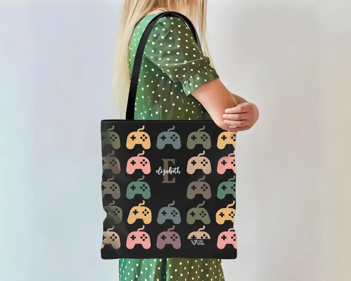 Personalized Video Gaming Initial Tote Bag | Custom Name Gamer Gift | Retro Game Lover Shopper | Vintage Graphic Carry Bag Present