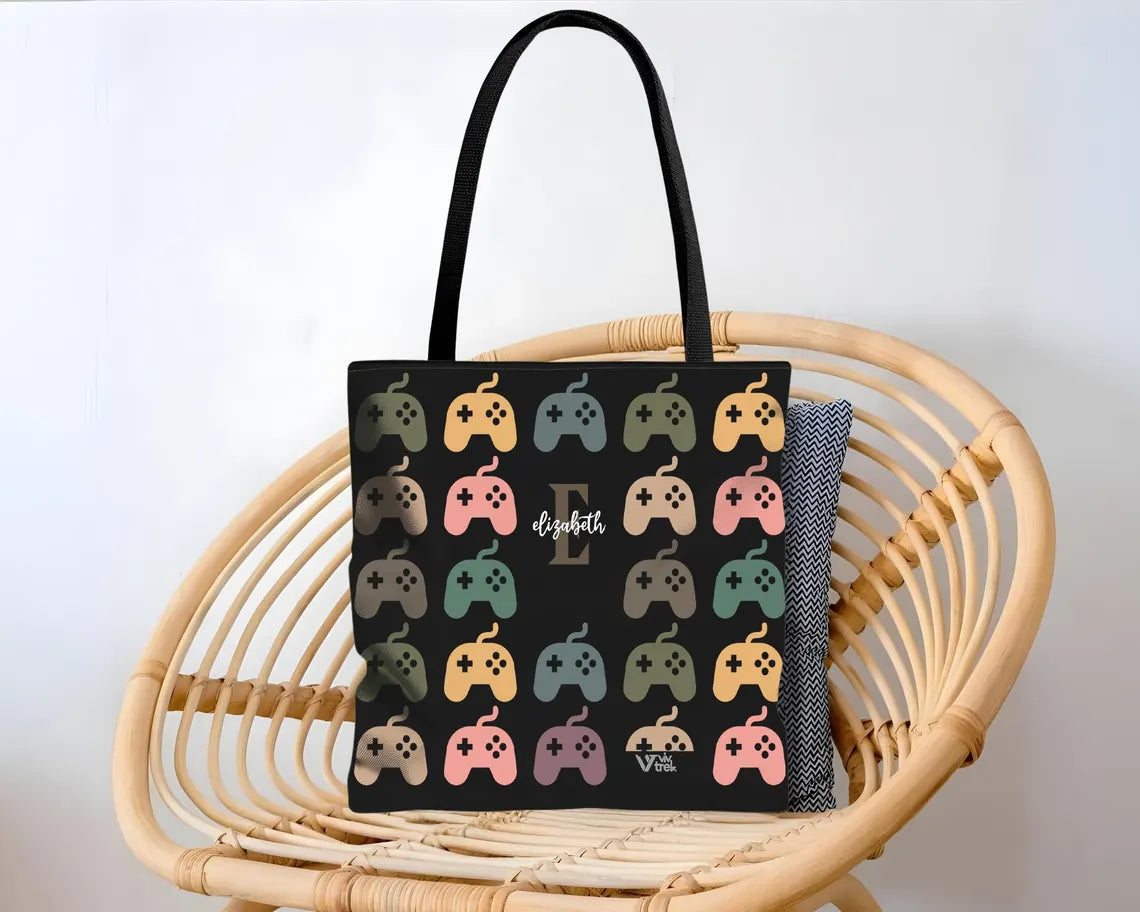 Personalized Video Gaming Initial Tote Bag | Custom Name Gamer Gift | Retro Game Lover Shopper | Vintage Graphic Carry Bag Present