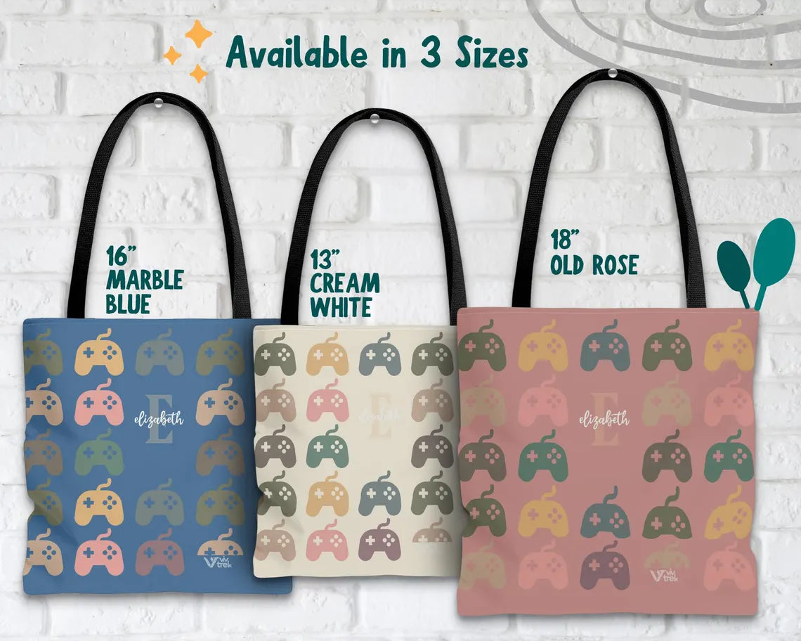 Personalized Video Gaming Initial Tote Bag | Custom Name Gamer Gift | Retro Game Lover Shopper | Vintage Graphic Carry Bag Present