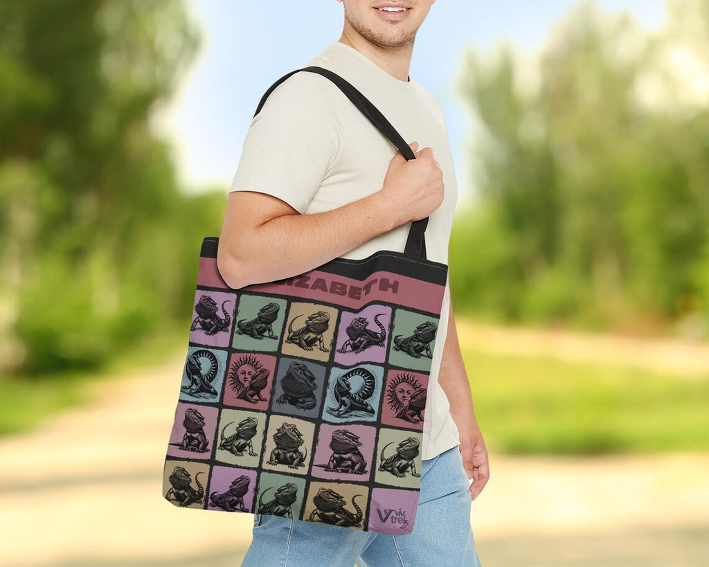Custom Name Bearded Dragon Tote Bag | Personalized Reptile Lover Gift | Retro Pet Shopper | Vintage Graphic Bearded Dragon Carry Bag