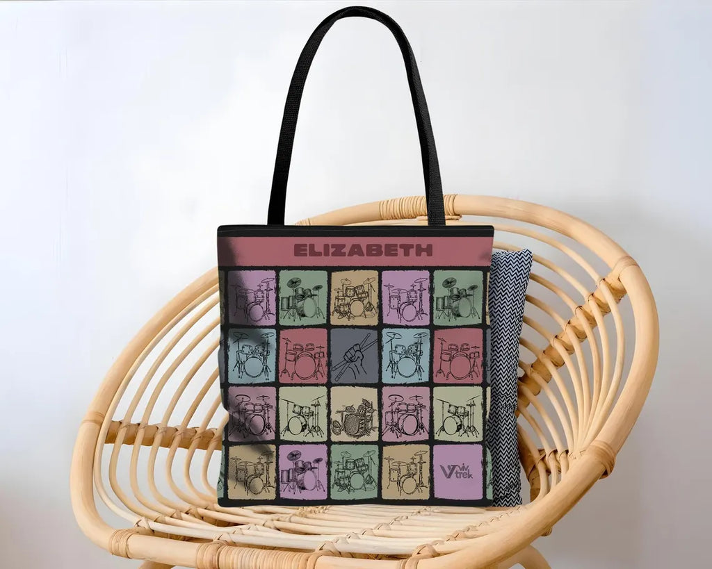 Custom Name Drummer Tote Bag - Personalized Music Lover Gift - Retro Drum Player Shopper Vintage Drummer Graphic Tote