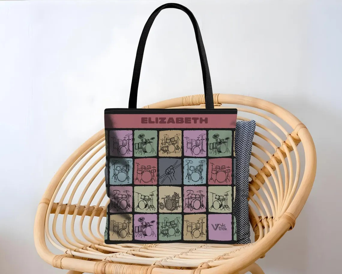 Custom Name Drummer Tote Bag - Personalized Music Lover Gift - Retro Drum Player Shopper Vintage Drummer Graphic Tote