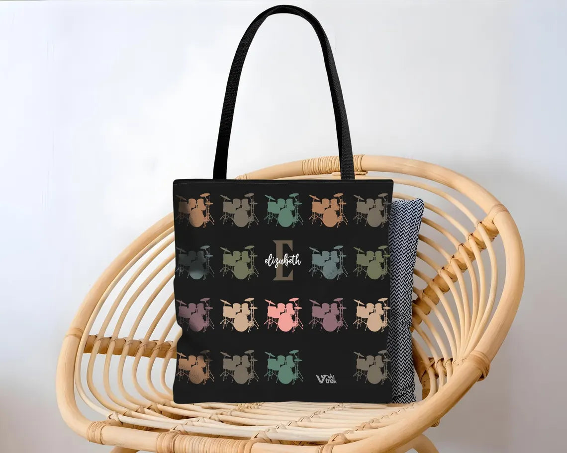 Personalized Drummer Initial Tote Bag - Custom Name Music Lover Gift - Retro Drum Player Shopper Vintage Drummer Graphic Tote