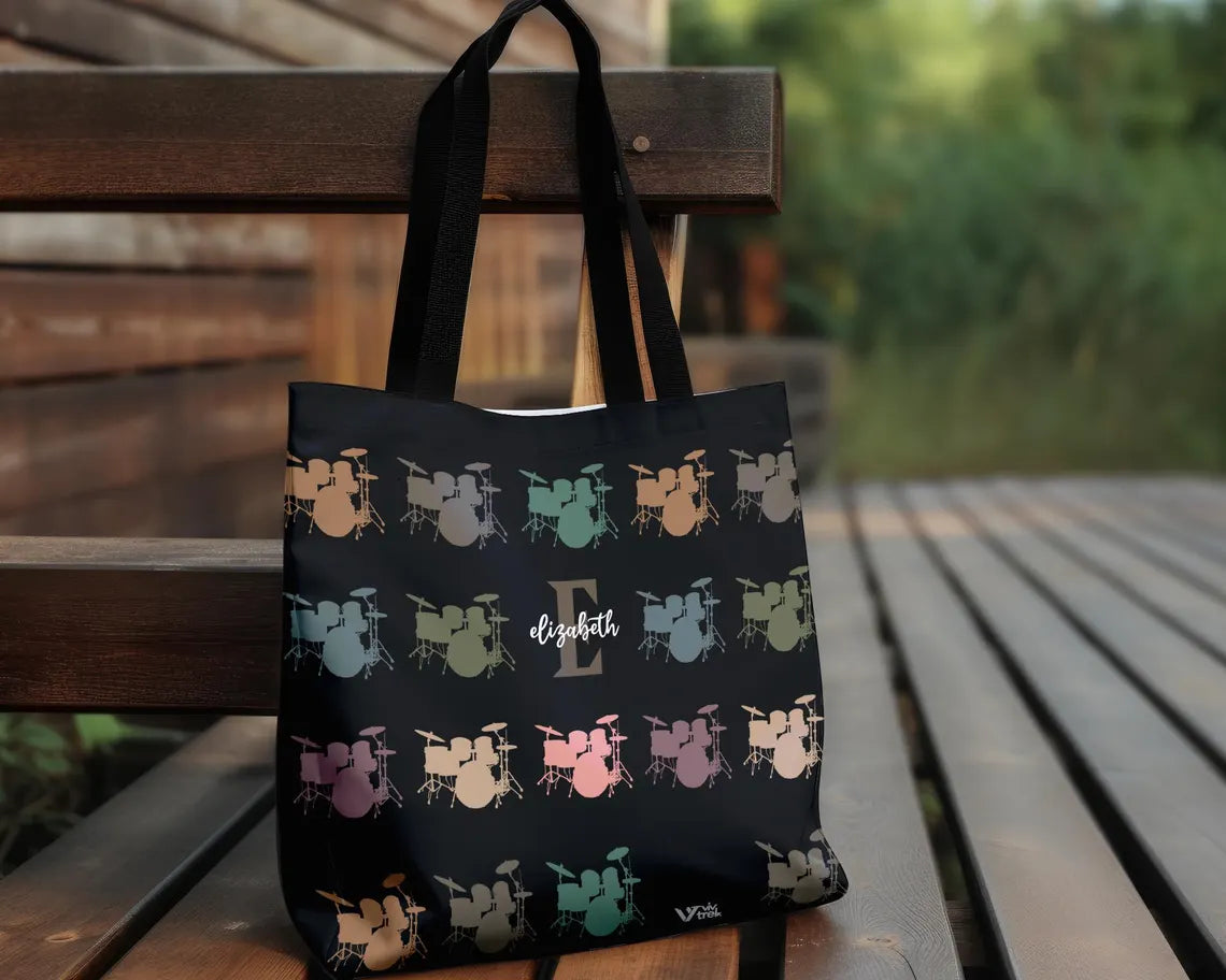 Personalized Drummer Initial Tote Bag - Custom Name Music Lover Gift - Retro Drum Player Shopper Vintage Drummer Graphic Tote