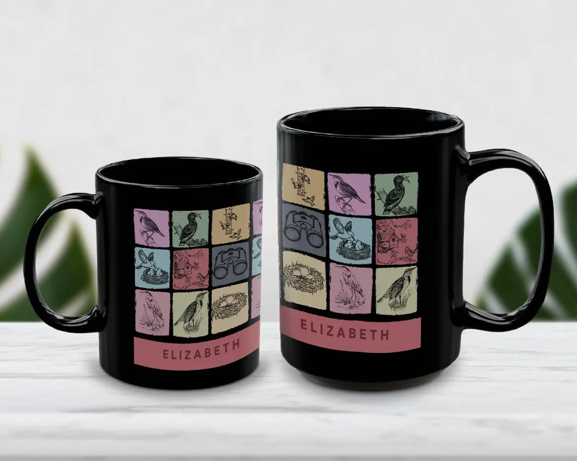 Personalized Birdwatcher Mug: Custom Name Coffee Cup Gift for Nature Lover, Wildlife Enthusiast, Bird Watching Man or Woman